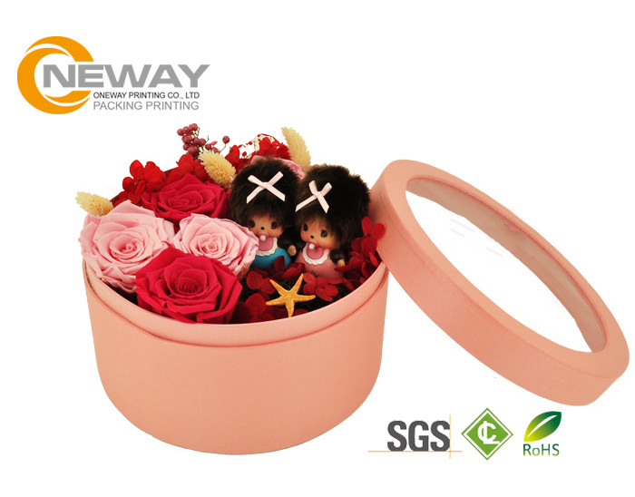 Red / Purple Glossy Paper Round Flower Box With Custom Special Art Paper